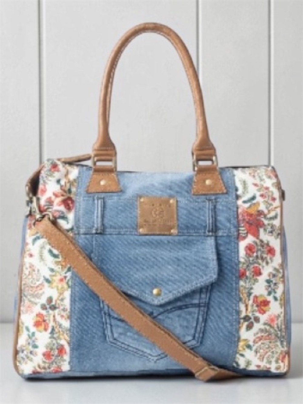 🆕 Myra Bag - Crimson Glade Tote Bag - Denim - Floral -Tan Leather Trim - Upcycle